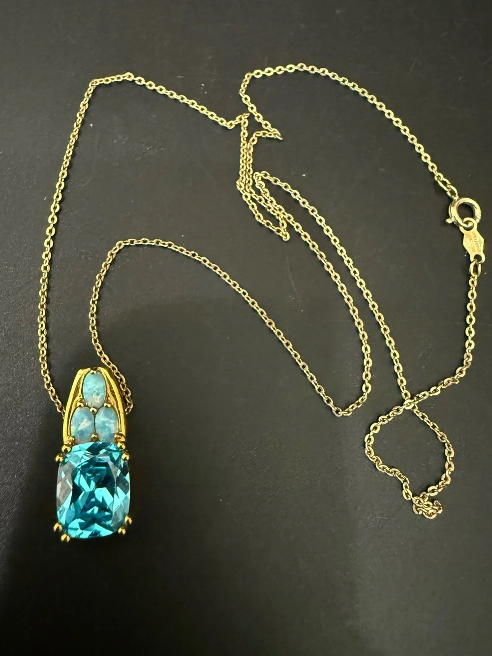 925 Sterling Gold Vermeil Cushion Cut Blue Topaz Gemstone Opal Pendant Necklace